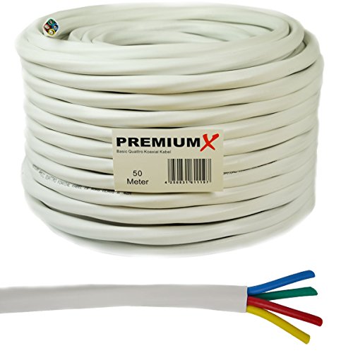PremiumX 50m Basic Quattro Quad Koaxial SAT Kabel 90dB 2-Fach geschirmt Antennenkabel 4in1 Koaxialkabel Weiß von Premium X