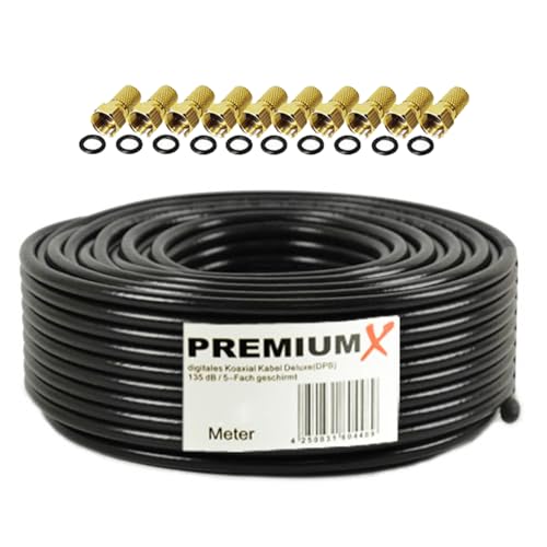 PremiumX 50m DELUXE PRO Koaxial Kabel Schwarz 135dB 5-Fach geschirmt reines Kupfer SAT Antennenkabel 10x F-Stecker 0,62 €/m von Premium X