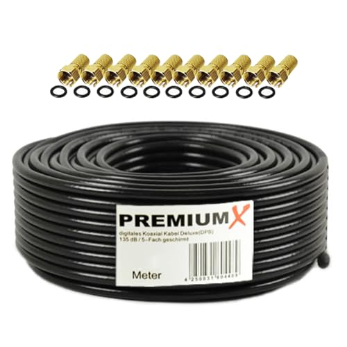 PremiumX 50m Deluxe PRO Koaxial Kabel Schwarz 135dB 5-Fach geschirmt reines Kupfer SAT Antennenkabel 10x F-Stecker von Premium X