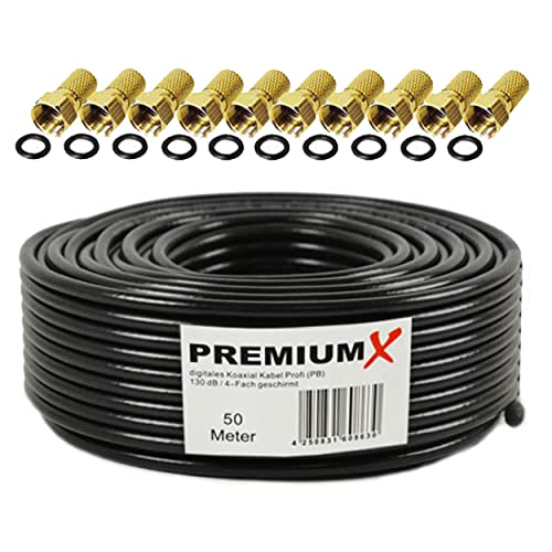 Premium X 50m PROFI Koaxialkabel Schwarz 130dB 4-fach CU KUPFER Satelliten Koax-Kabel SAT Antennenkabel 10x F-Stecker Premium X 50m PROFI Koaxialkabel Schwarz 130dB 4-fach CU KUPFER Satelliten Koax-Kabel SAT Antennenkabel 10x F-Stecker von Premium X