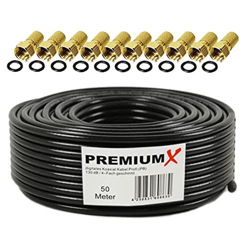 PremiumX 50m Profi Koaxialkabel Schwarz 130dB 4-Fach CU Kupfer Satelliten Koax-Kabel SAT Antennenkabel 10x F-Stecker von Premium X