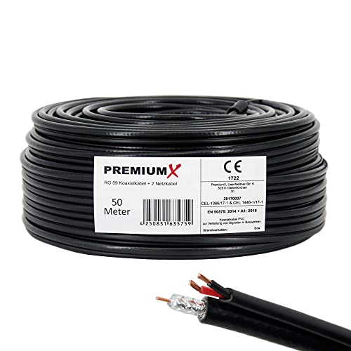PremiumX 50m RG59 Koaxialkabel + 2 Netzkabel Eca Videobild und Stromversorgung Kombi Koaxkabel-Strom Video-Kabel für Videoüberwachung Überwachungskamera von Premium X