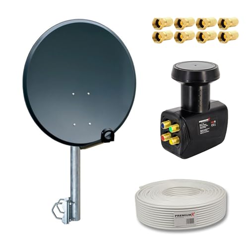 PremiumX Balkon Satelliten-Komplettanlage 4 Teilnehmer 60cm SAT Antenne Quad LNB 10m Kabel 8X F-Stecker Balkonhalter von Premium X