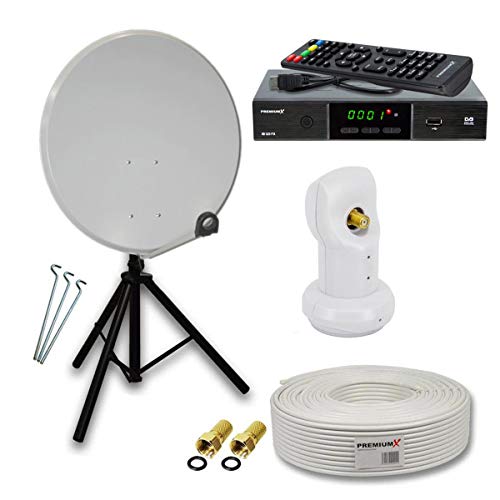 PremiumX Camping Satelliten-Komplettanlage 45cm Satelliten-Schüssel Hellgrau SAT Single LNB Dreibein-Stativ Kabel HDTV Receiver von Premium X