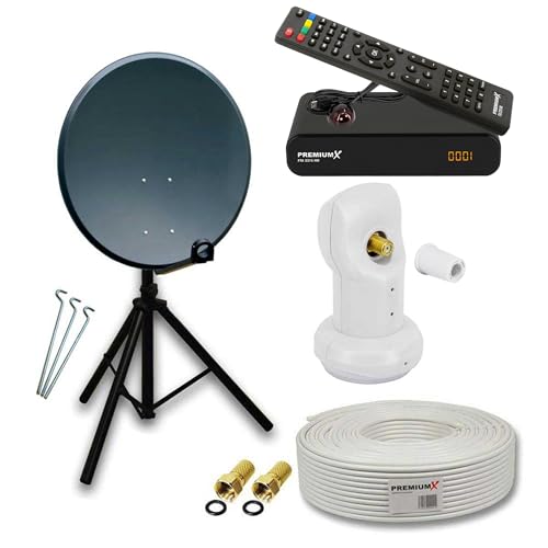 PremiumX Camping Satelliten-Komplettanlage 60cm Antenne Anthrazit SAT Single LNB Dreibein Stativ TV Kabel DVB-S2 Satelliten Receiver von Premium X