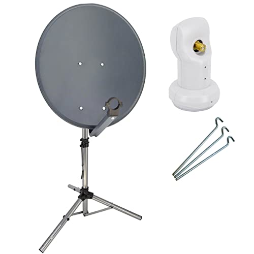 PremiumX Camping Satelliten-Komplettanlage 60cm Satellitenschüssel SAT Single LNB Dreibein Stativ 3X Stahl-Heringe von Premium X