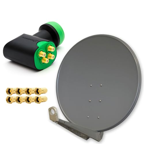 PremiumX Deluxe SAT Anlage für 4 Empfänger 100cm Satellitenantenne ALU Anthrazit mit Green Diamond Quad LNB inkl. 8X F-Stecker von Premium X