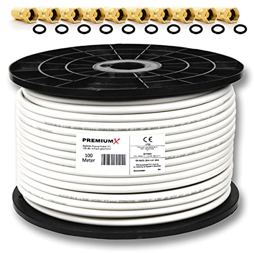 PremiumX Profi 100m Koaxial-Kabel 130dB 4-Fach geschirmt, REINES Kupfer SAT Antennenkabel + 10 F-Stecker von Premium X