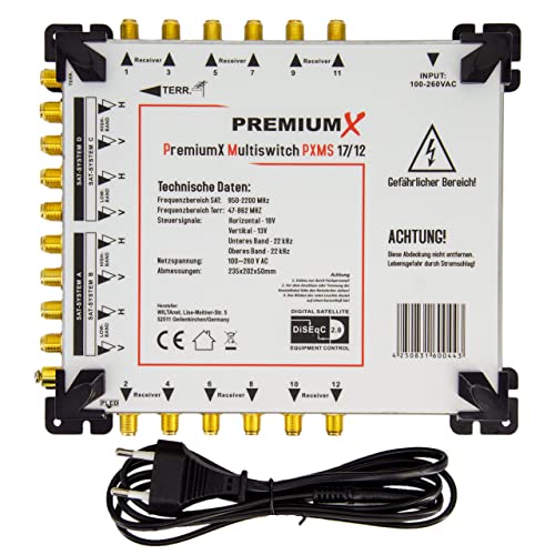 PremiumX PXMS 17/12 Multischalter mit Netzteil Multiswitch 4 SAT für 12 Teilnehmer Satverteiler Digital HDTV FullHD 4K UHD 8K von Premium X