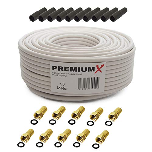 PremiumX Profi PRO Kupfer Koaxial Kabel135dB 5-Fach geschirmt 50 Meter SAT Antennenkabel NEU + 10 F-stecker 8 mm mit Dichtungstülle von Premium X