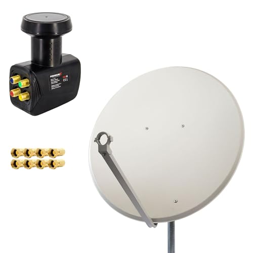 PremiumX Satelliten-Komplettanlage 100cm Satellitenschüssel Aluminium Hellgrau Antenne Quad LNB F-Stecker, SAT bis 4 Teilnehmer von Premium X