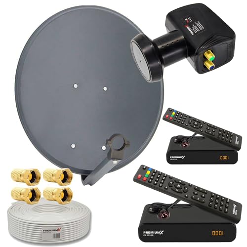 PremiumX Satelliten-Komplettanlage 2 Teilnehmer 60cm Antenne Twin LNB 25m Antennenkabel F-Stecker 2X HD TV Satelliten-Receiver von Premium X