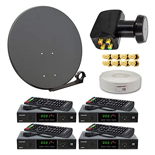 PremiumX Satelliten-Komplettanlage 4 Teilnehmer 60cm Antenne Anthrazit SAT Quad LNB 50m Antennenkabel 4X HD TV Sat-Receiver von Premium X