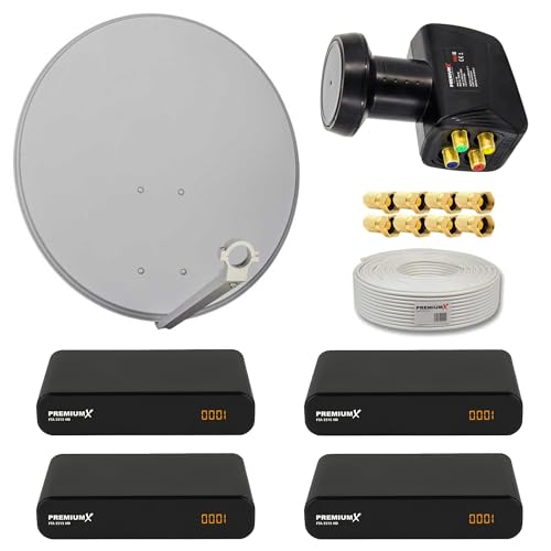 PremiumX Satelliten-Komplettanlage 4 Teilnehmer 60cm Antenne Hellgrau Quad LNB 50m Kabel 4X HD TV SAT-Receiver HDMI-Kabel von Premium X