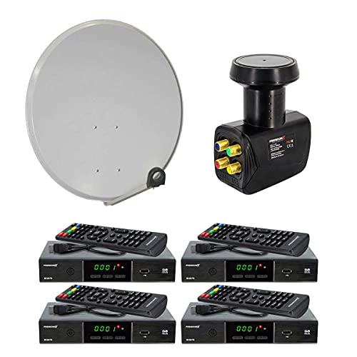 PremiumX Satelliten-Komplettanlage 60cm Antenne Hellgrau Quad LNB bis 4 Teilnehmer 4X DVB-S2 SAT TV Receiver FullHD HDMI-Kabel von Premium X
