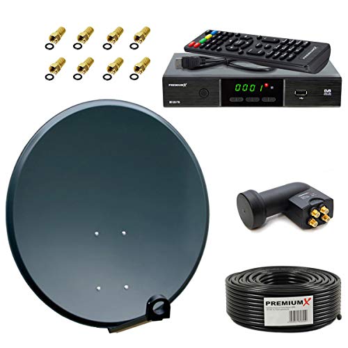 PremiumX Satelliten-Komplettanlage 60cm Satellitenschüssel Anthrazit Quad LNB 50m Antennen-Kabel SAT TV Receiver FullHD von Premium X