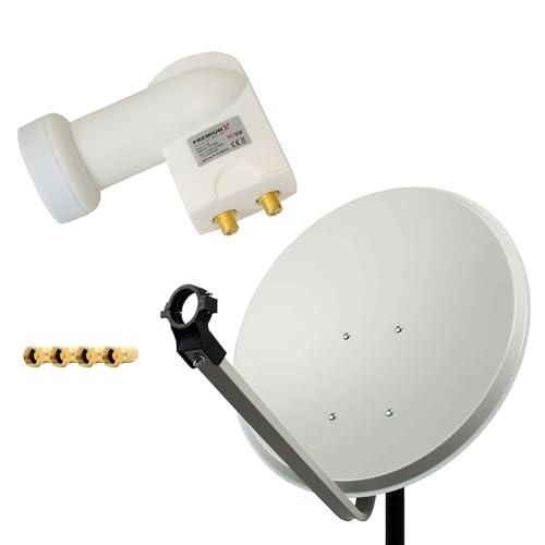 PremiumX Satelliten-Komplettanlage 60cm Satellitenschüssel SAT Antenne Hellgrau Satellitenantenne Twin LNB 4X F-Stecker 2 Teilnehmer von Premium X