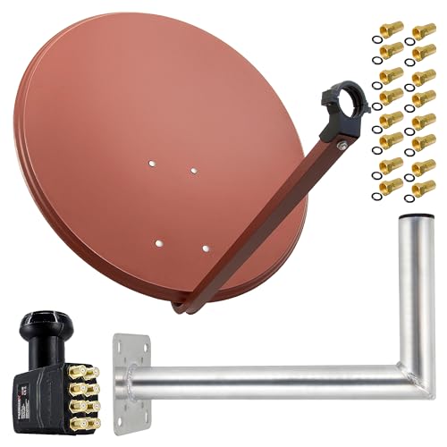 PremiumX Satelliten-Komplettanlage 80cm Satellitenantenne Rot Satellitenschüssel SAT Octo LNB 16x F-Stecker Wandhalter 45cm von Premium X