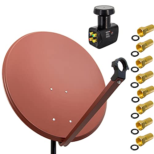 PremiumX Satelliten-Komplettanlage 80cm Satellitenschüssel ALU Ziegelrot Satellitenantenne Quad LNB 8X F-Stecker, SAT bis 4 Teilnehmer von Premium X