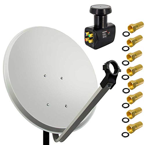 PremiumX Satelliten-Komplettanlage 80cm Satellitenschüssel Aluminium Hellgrau Satellitenantenne Quad LNB F-Stecker SAT 4 Teilnehmer von Premium X