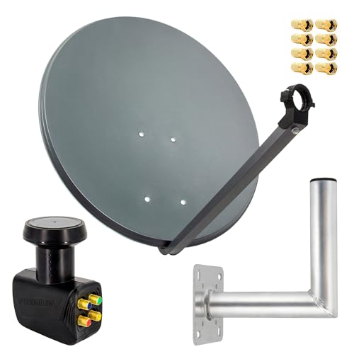 PremiumX Satelliten-Komplettanlage 80cm Satellitenschüssel Anthrazit Quad LNB 8X F-Stecker Wandhalter 25cm, 1 SAT 4 Teilnehmer von Premium X