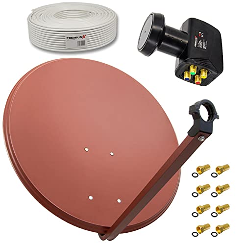 PremiumX Satelliten-Komplettanlage 80cm Satellitenschüssel Ziegelrot Quad LNB 50m Antennenkabel 8X F-Stecker, SAT für 4 Teilnehmer von Premium X