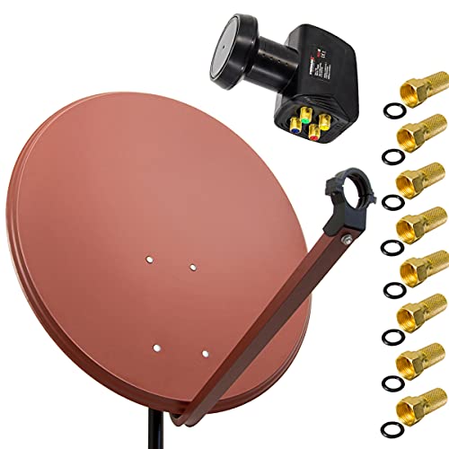 PremiumX Satelliten-Komplettanlage 80cm Satellitenschüssel Ziegelrot Satellitenantenne Quad LNB 8X F-Stecker, SAT für 4 Teilnehmer von Premium X