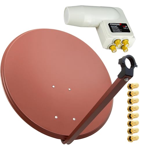 PremiumX Satelliten-Komplettanlage 80cm Satellitenschüssel Ziegelrot TV Satellitenantenne Quad LNB 8X F-Stecker, SAT für 4 Teilnehmer von Premium X