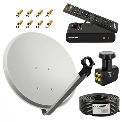 PremiumX Satelliten-Komplettanlage Satellitenschüssel 60cm Aluminium Hellgrau Quad LNB 50m Kabel SAT TV mini Receiver FullHD PremiumX Satelliten-Komplettanlage Satellitenschüssel 60cm Aluminium Hellgrau Quad LNB 50m Kabel SAT TV mini Receiver FullHD von Premium X
