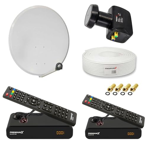 PremiumX Satelliten-Komplettanlage für 2 Teilnehmer 60cm Satellitenschüssel Twin LNB 25m Antennenkabel 2X TV Sat-Receiver FullHD von Premium X