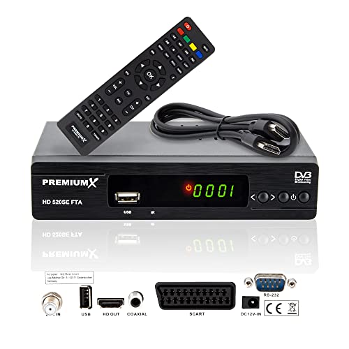 PremiumX Satelliten-Receiver HD 520SE FTA Digital SAT TV Receiver DVB-S2 FullHD HDMI SCART 2X USB Multimedia-Player, Astra Hotbird vorprogrammiert von Premium X