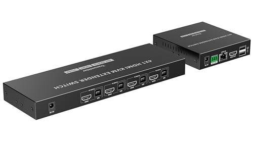 PremiumCord 4K HDMI KVM Switch 4:1 + Extender über Cat6/7 mit Fernbedienung, UHD 4K 2160p 60Hz, Full HD 1080p, USB-Übertragung, HDMI 2.0, HDR, 3D, Ohne Verzögerung, Metallgehäuse von PremiumCord