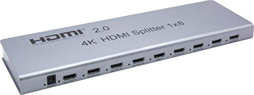PremiumCord 4K HDMI Splitter 1-8 Port mit Netzteil, HDMI 2.0 repeater, Metallgehäuse, LED Status, Video Auflösung 4Kx2K 2160p UHD @ 60Hz, Full HD 1080p, 3D, HDCP, Farbe silber von PremiumCord
