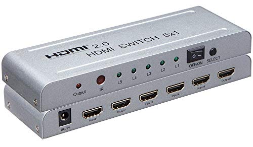 PremiumCord 4K HDMI Umschalter 5:1 mit Fernbedienung und Netzteil, Metallgehäuse, Switch, Video Auflösung 4Kx2K 2160p UHD 60Hz, Full HD 1080p, 3D, HDCP, Farbe Silber von PremiumCord