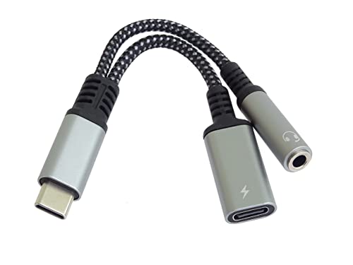PremiumCord Adapter USB-C auf StereoJack 3.5 mm und USB-C mit DAC Chip, AUX, USB 3.2 Typ C Stecker auf Klinke Jack Buchse und USB-C Buchse, Kompatibel mit Allen Android- und iOS-Geräten, Silber, 10cm von PremiumCord