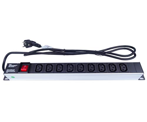 PremiumCord Stromverteiler für 19" Rack 1U, 9xIEC (C13), Power Distribution Unit, 2m Kabel, Schalter, PDU-E10G09S von PremiumCord