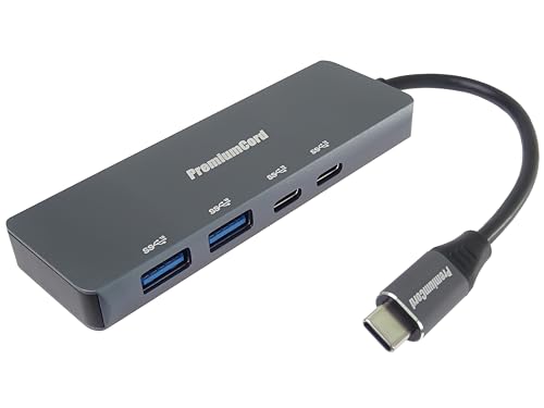 PremiumCord SuperSpeed ​​​​Hub USB-C auf 2X USB-C und 2X USB A, USB 3.2 Gen 1, 5 Gbit/s, Aufladen 5V, Stecker auf Buchse, Aluminium, Länge 15 cm von PremiumCord