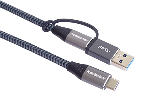 PremiumCord USB 3.2 Gen 2 Typ-C Kabel, Stecker auf Stecker, Laden bis 5A, 100W, Super-Speed 20 Gbit/s, Aluminium Steckerkappen, Baumwollgeflecht + Reduktion USB-C/USB-A, Länge 2m von PremiumCord