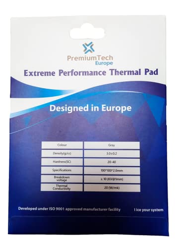 PremiumTech Europe PremiumTech Professionelles Thermalpad mit extremer Leistung mit 20 W/MK Wärmeleitfähigkeit, ideal für High-End-GPU oder CPU, Größe XXL 100 x 100 mm (2 mm) von PremiumTech Europe