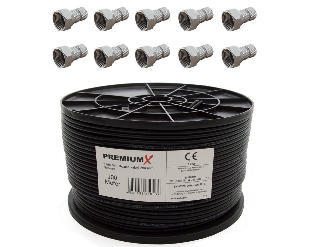 PremiumX 100 Meter Sat Koaxial Kabel Twin Mini 2x 4 mm Schwarz + 10x F-Stecker SAT-Kabel PremiumX 100 Meter Sat Koaxial Kabel Twin Mini 2x 4 mm Schwarz + 10x F-Stecker SAT-Kabel von PremiumX