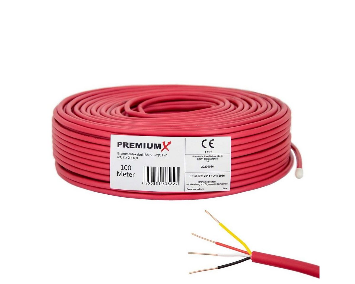 PremiumX 100 m Brandmeldekabel BMK J-Y(ST)Y 2x2x0,8 Eca rot Brandmeldeleitung Netzwerkkabel von PremiumX
