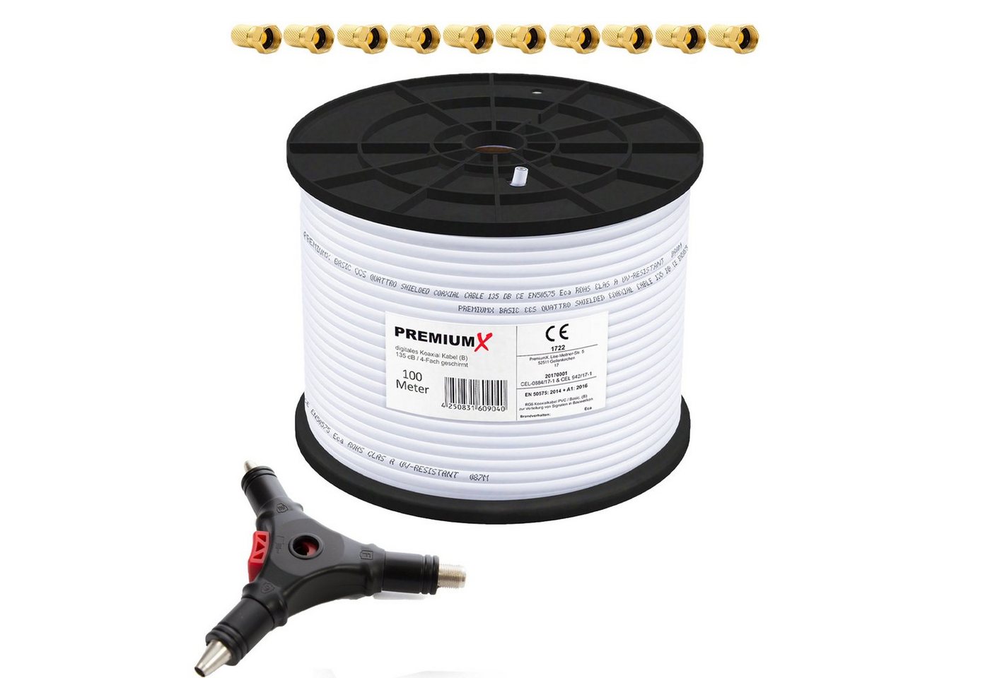 PremiumX 100m BASIC Koaxialkabel 135dB 4-fach SAT Abisolierer 10x F-Stecker SAT-Kabel PremiumX 100m BASIC Koaxialkabel 135dB 4-fach SAT Abisolierer 10x F-Stecker SAT-Kabel von PremiumX