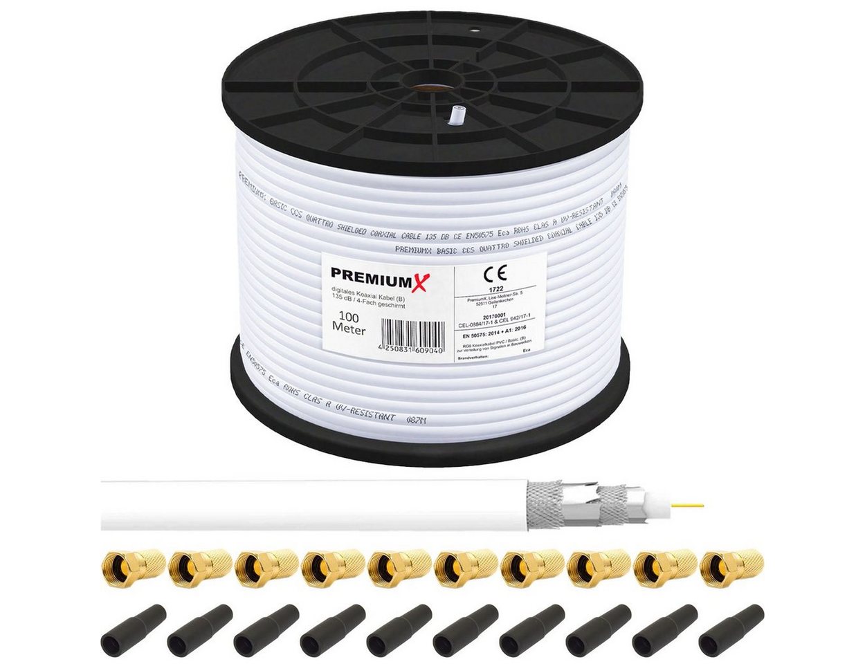 PremiumX 100m BASIC Koaxialkabel 135dB 4-fach SAT Kabel 10x F-Stecker Tülle SAT-Kabel PremiumX 100m BASIC Koaxialkabel 135dB 4-fach SAT Kabel 10x F-Stecker Tülle SAT-Kabel von PremiumX