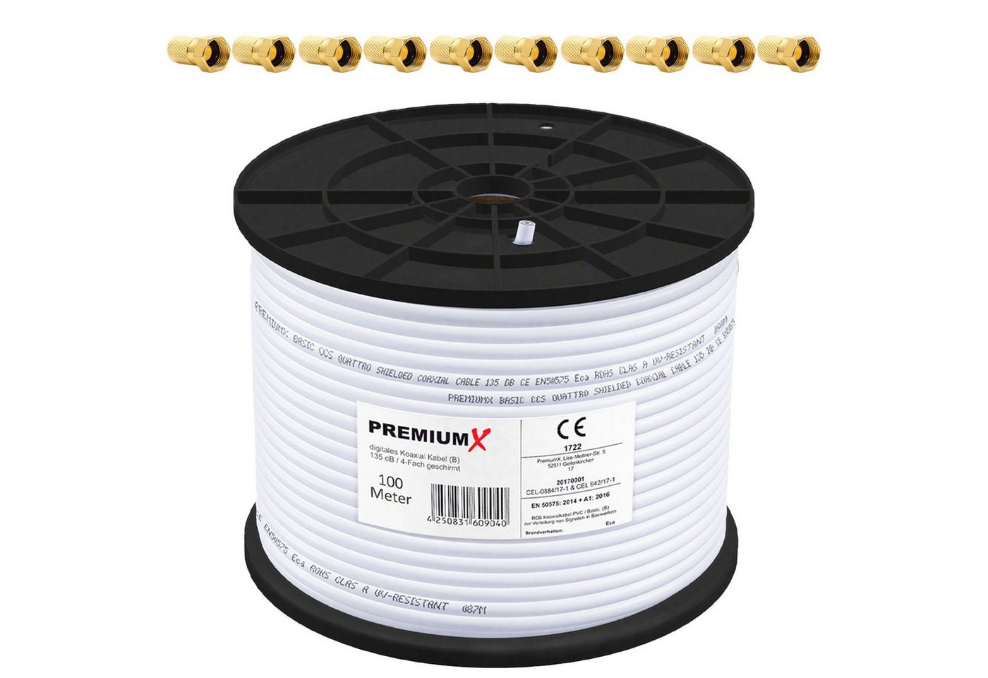 PremiumX 100m BASIC Koaxialkabel 135dB 4-fach SAT Koax Kabel 10x F-Stecker SAT-Kabel PremiumX 100m BASIC Koaxialkabel 135dB 4-fach SAT Koax Kabel 10x F-Stecker SAT-Kabel von PremiumX