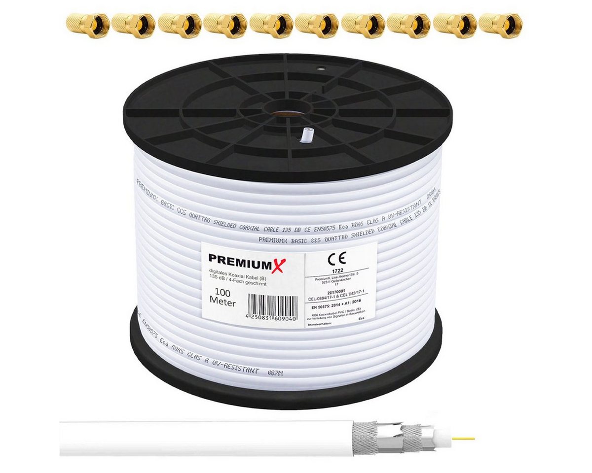 PremiumX 100m BASIC Koaxialkabel 135dB 4-fach SAT Koax Kabel 10x F-Stecker SAT-Kabel von PremiumX