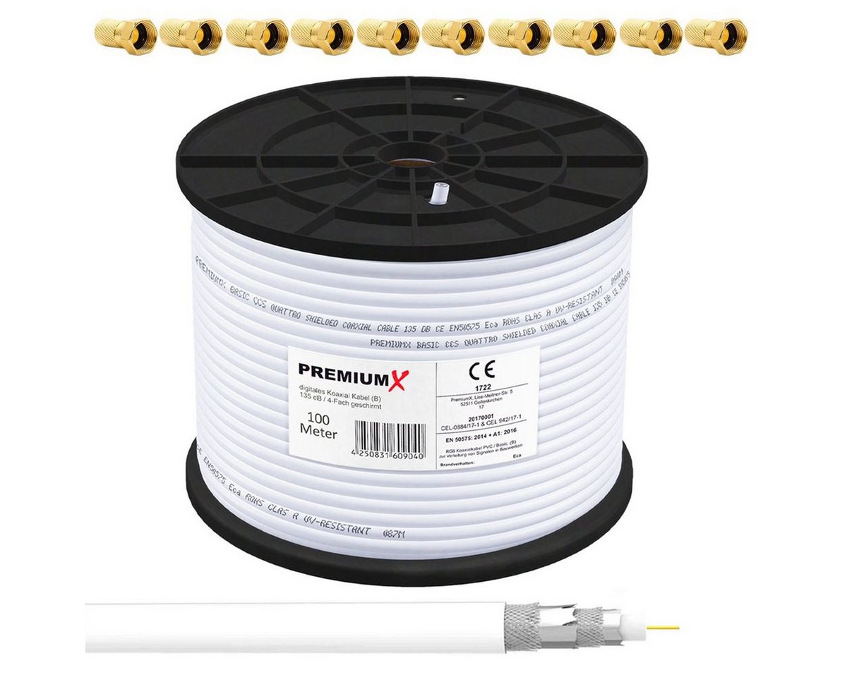 PremiumX 100m BASIC Koaxialkabel 135dB 4-fach SAT Koax Kabel 10x F-Stecker SAT-Kabel PremiumX 100m BASIC Koaxialkabel 135dB 4-fach SAT Koax Kabel 10x F-Stecker SAT-Kabel von PremiumX