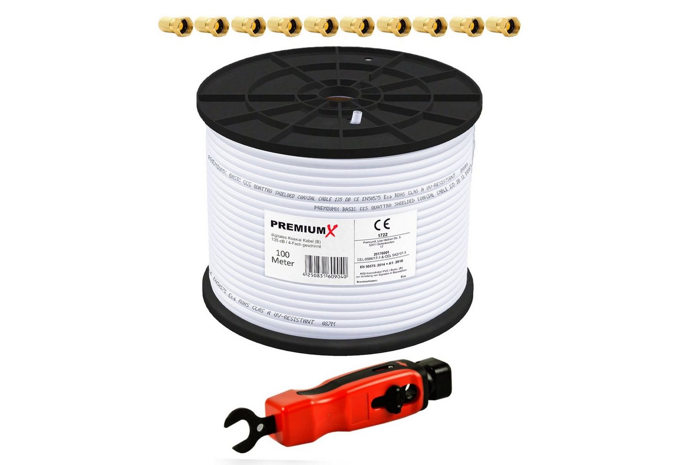 PremiumX 100m BASIC Koaxialkabel 135dB SAT Kabel Abisolierer 10x F-Stecker SAT-Kabel von PremiumX