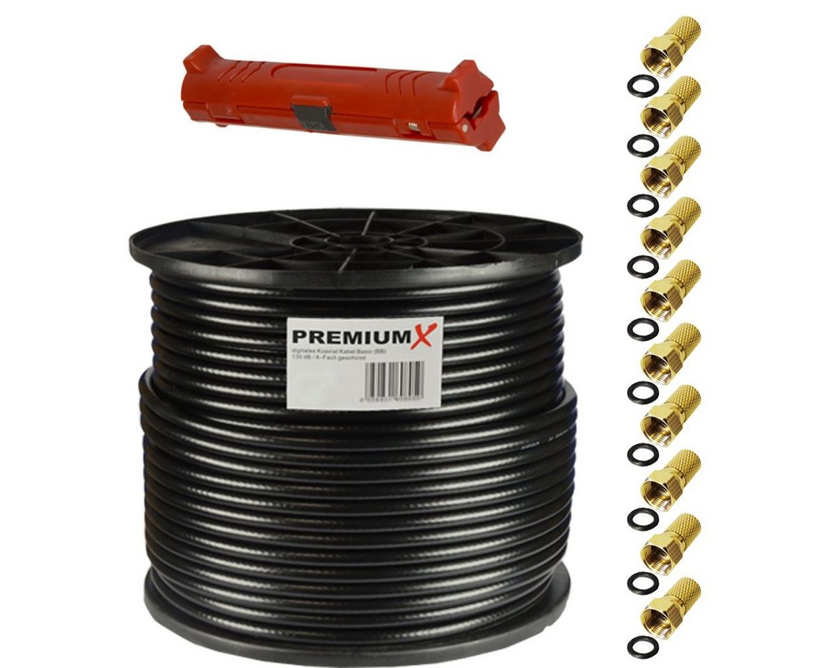 PremiumX 100m BASIC Koaxialkabel schwarz 135dB SAT Entmanteler 10x F-Stecker SAT-Kabel von PremiumX