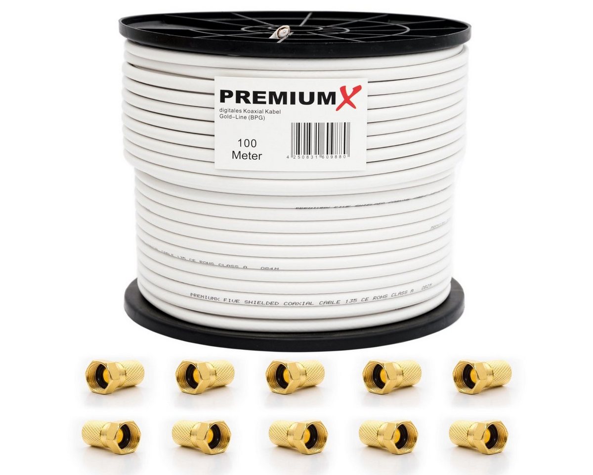 PremiumX 100m BASIC PRO Gold-Line Koaxial Kabel 135dB 5-Fach SAT 10x F-Stecker SAT-Kabel von PremiumX