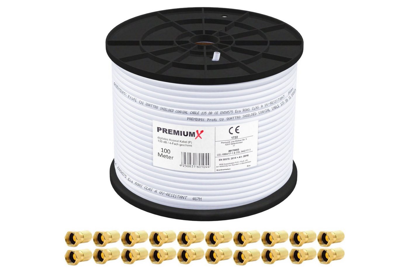 PremiumX 100m DELUXE Koaxial Kabel 135dB 4-fach REINES Kupfer 20x F-Stecker SAT-Kabel PremiumX 100m DELUXE Koaxial Kabel 135dB 4-fach REINES Kupfer 20x F-Stecker SAT-Kabel von PremiumX